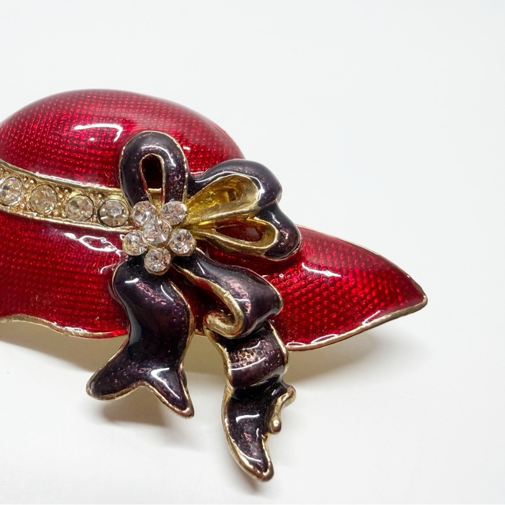 Enamel Rhinestone Floral Ribbon Red Hat Brooches - Picture 4 of 12